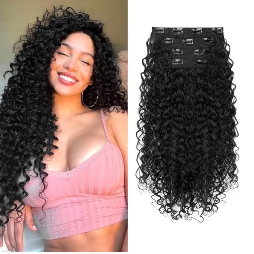 16Inch Curly Clip-In Hair Extensions in Black, 100% Human Hair new 8 Pcs.